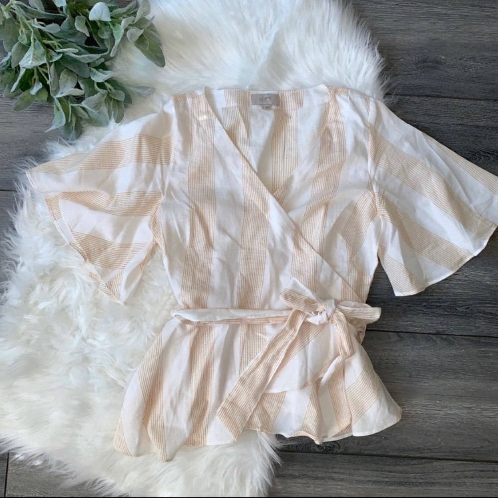 Loft wrap front striped gold and white blouse